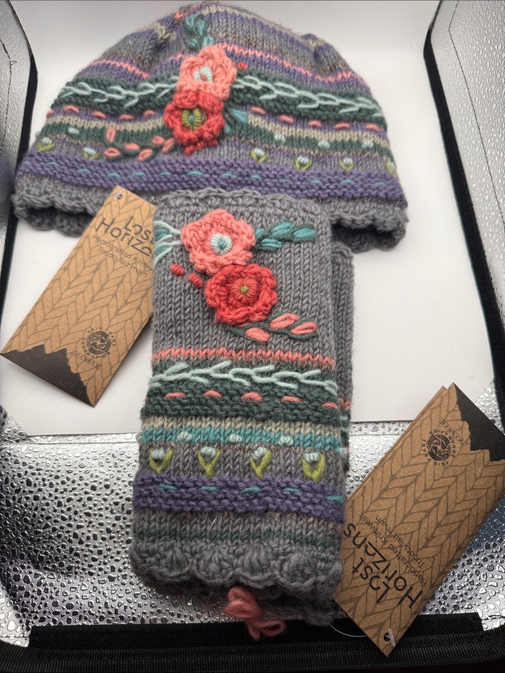 Suzyn's Horizons Gray Knit Hat & Fingerless Gloves with Coral Floral Appliqués